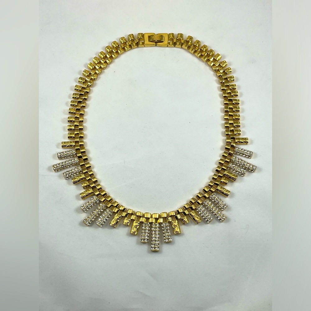 COACH Vintage Signature C’s Gold & Clear Rhinestone Choker 17” Necklace
